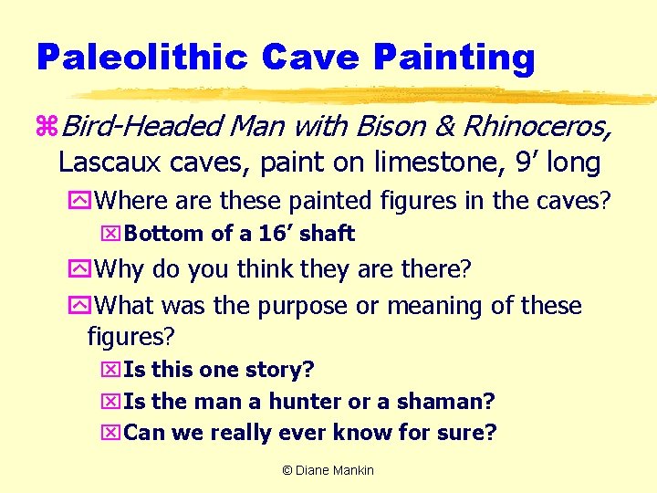Paleolithic Cave Painting z. Bird-Headed Man with Bison & Rhinoceros, Lascaux caves, paint on