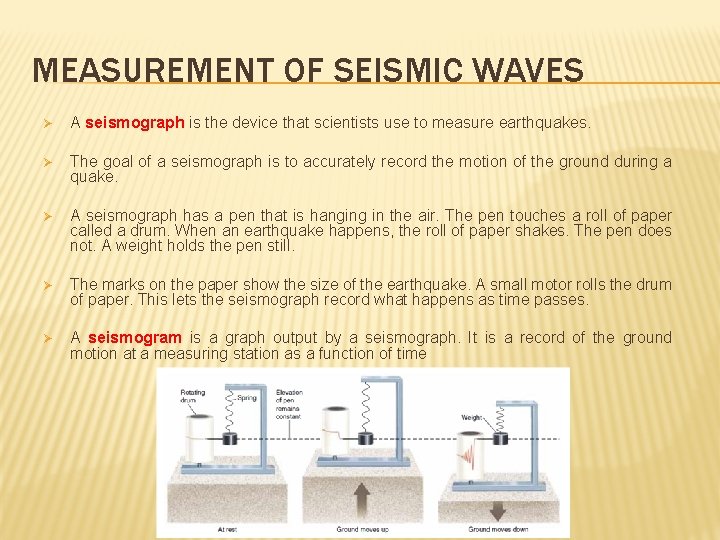 MEASUREMENT OF SEISMIC WAVES Ø A seismograph is the device that scientists use to