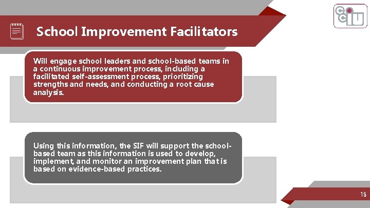 School Improvement Facilitators Will engage school leaders and school-based teams in a continuous improvement
