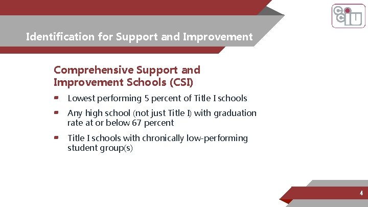 Identification for Support and Improvement Comprehensive Support and Improvement Schools (CSI) ▰ ▰ Lowest