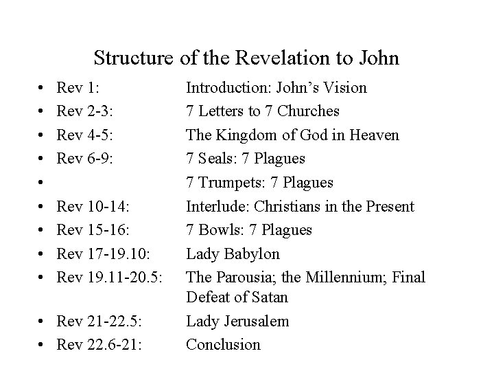 Structure of the Revelation to John • • • Rev 1: Rev 2 -3: