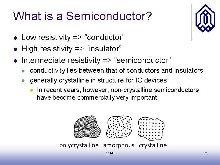 What is a Semiconductor? l l l Low resistivity => “conductor” High resistivity =>