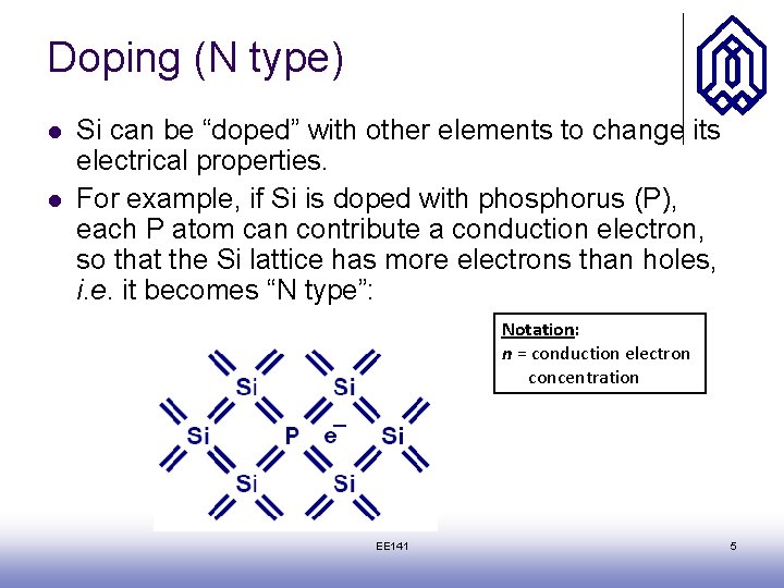 Doping (N type) l l Si can be “doped” with other elements to change