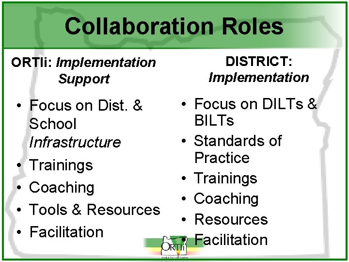 Collaboration Roles ORTIi: Implementation Support • Focus on Dist. & School Infrastructure • Trainings