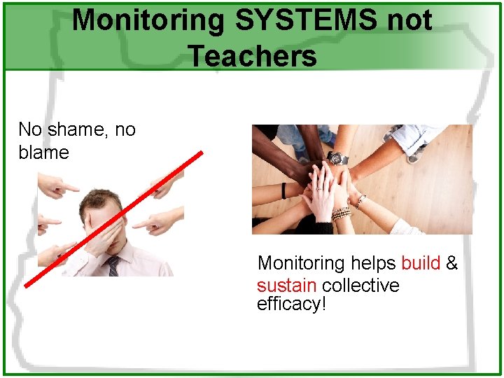 Monitoring SYSTEMS not Teachers No shame, no blame Monitoring helps build & sustain collective