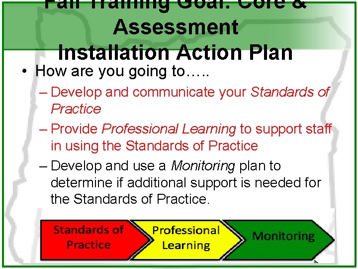 Fall Training Goal: Core & Assessment Installation Action Plan • How are you going