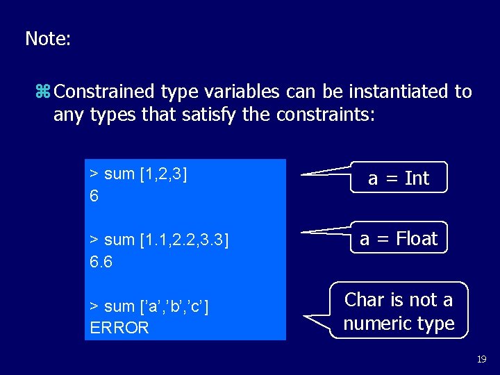 Note: z Constrained type variables can be instantiated to any types that satisfy the