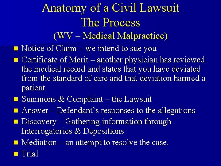 Anatomy of a Civil Lawsuit The Process (WV – Medical Malpractice) n n n Anatomy of a Civil Lawsuit The Process (WV – Medical Malpractice) n n n
