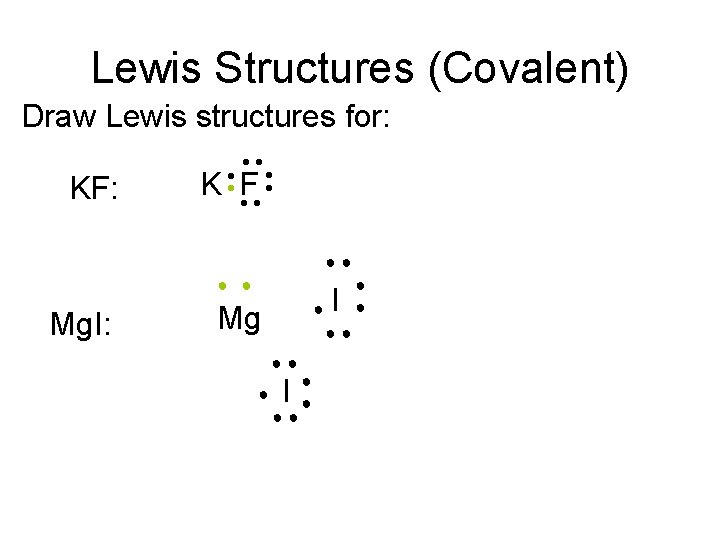 Lewis Structures (Covalent) Draw Lewis structures for: ·· K F ·· ·· KF: ··