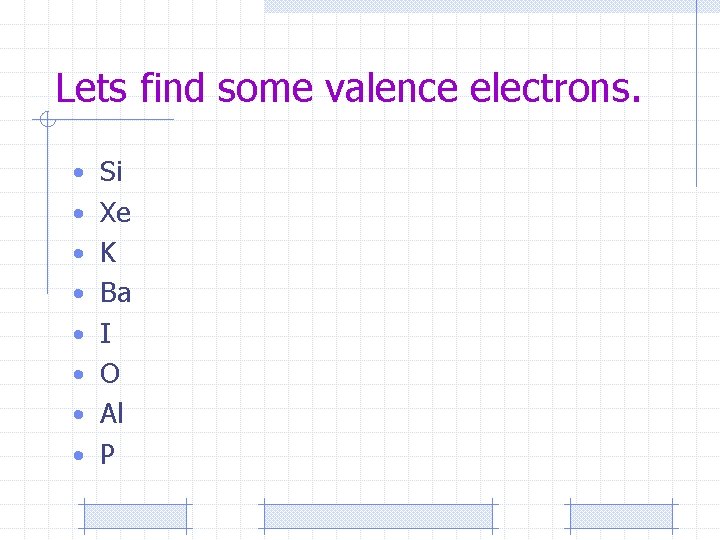 Lets find some valence electrons. • Si • Xe • K • Ba •