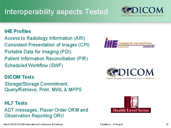 Interoperability aspects Tested IHE Profiles Access to Radiology Information (ARI) Consistent Presentation of Images