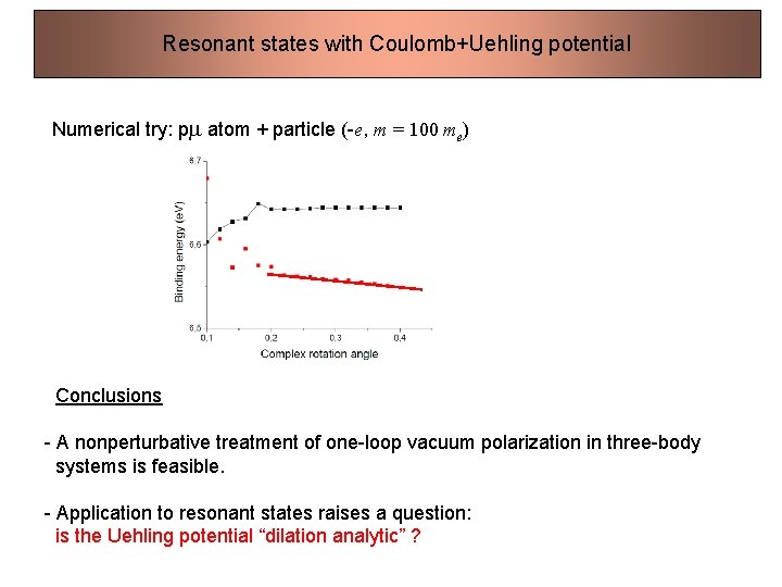 Resonant states with Coulomb+Uehling potential Numerical try: pm atom + particle (-e, m =