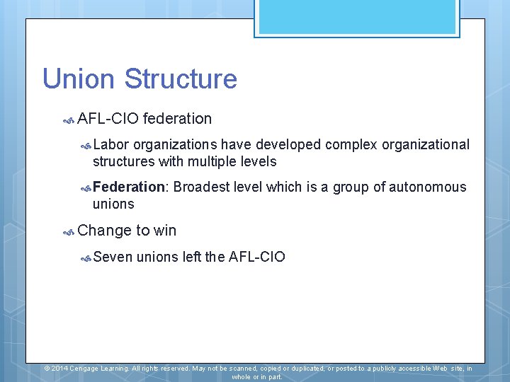 Union Structure AFL-CIO federation Labor organizations have developed complex organizational structures with multiple levels Union Structure AFL-CIO federation Labor organizations have developed complex organizational structures with multiple levels