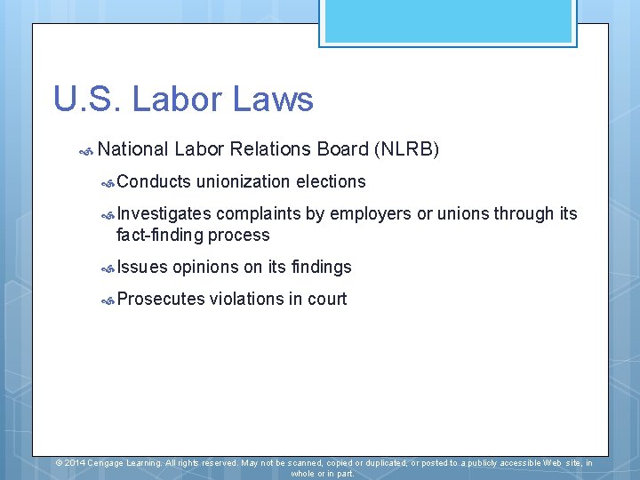U. S. Labor Laws National Labor Relations Board (NLRB) Conducts unionization elections Investigates complaints U. S. Labor Laws National Labor Relations Board (NLRB) Conducts unionization elections Investigates complaints
