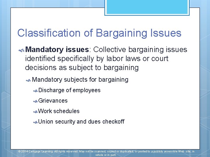 Classification of Bargaining Issues Mandatory issues: Collective bargaining issues identified specifically by labor laws Classification of Bargaining Issues Mandatory issues: Collective bargaining issues identified specifically by labor laws