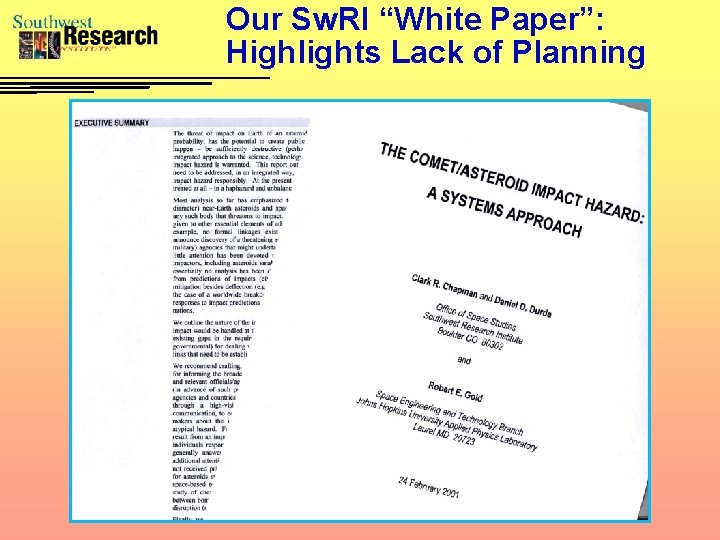Our Sw. RI “White Paper”: Highlights Lack of Planning 