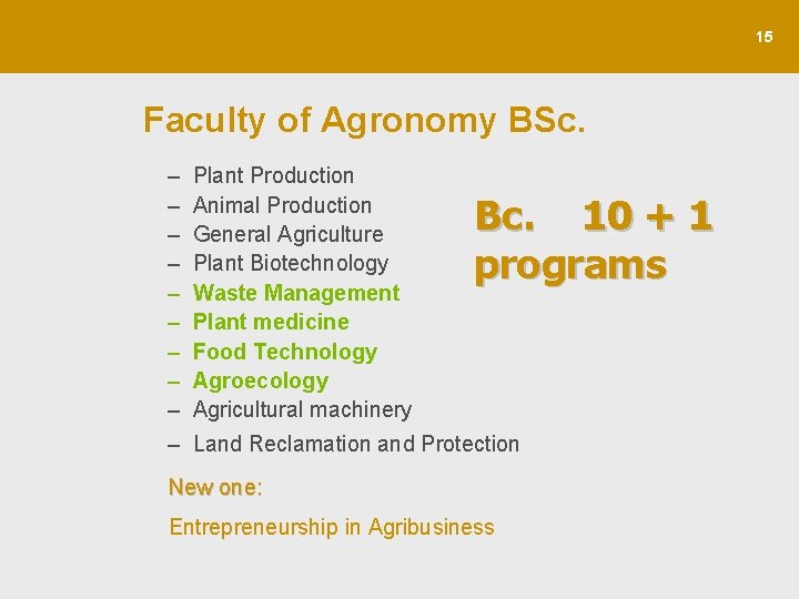 15 Faculty of Agronomy BSc. – – – – – Plant Production Animal Production