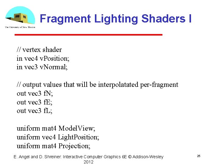 Fragment Lighting Shaders I // vertex shader in vec 4 v. Position; in vec