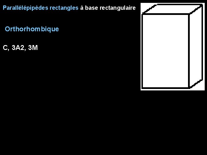 Parallélépipèdes rectangles à base rectangulaire Orthorhombique C, 3 A 2, 3 M 