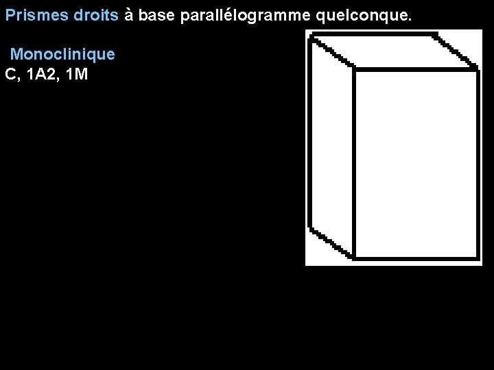 Prismes droits à base parallélogramme quelconque. Monoclinique C, 1 A 2, 1 M 