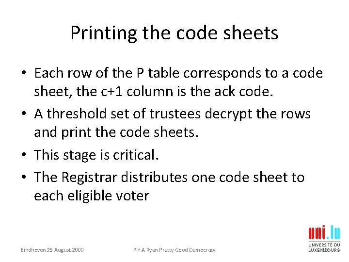 Printing the code sheets • Each row of the P table corresponds to a