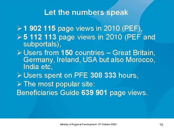 Let the numbers speak Ø 1 902 115 page views in 2010 (PEF), Ø Let the numbers speak Ø 1 902 115 page views in 2010 (PEF), Ø