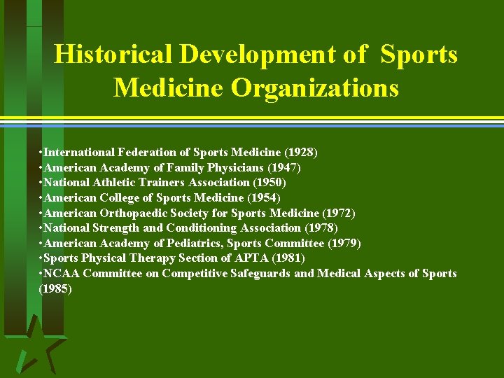 Historical Development of Sports Medicine Organizations • International Federation of Sports Medicine (1928) •