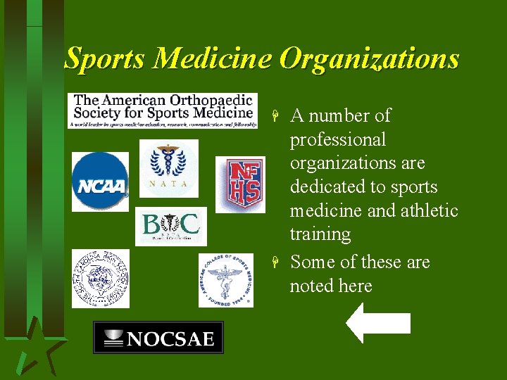 Sports Medicine Organizations H H A number of professional organizations are dedicated to sports