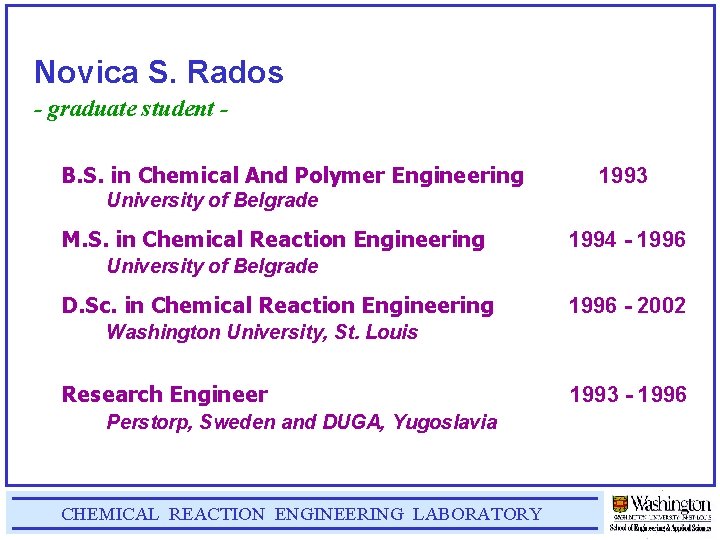 Novica S. Rados - graduate student B. S. in Chemical And Polymer Engineering 1993