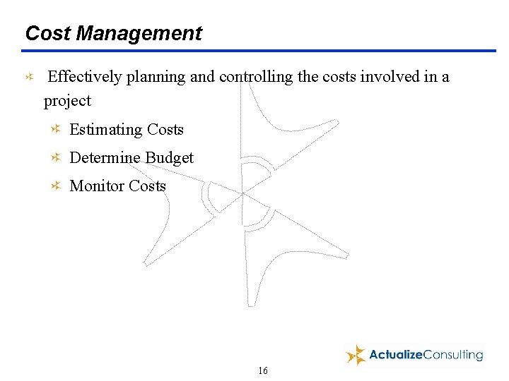 Cost Management Effectively planning and controlling the costs involved in a project Estimating Costs