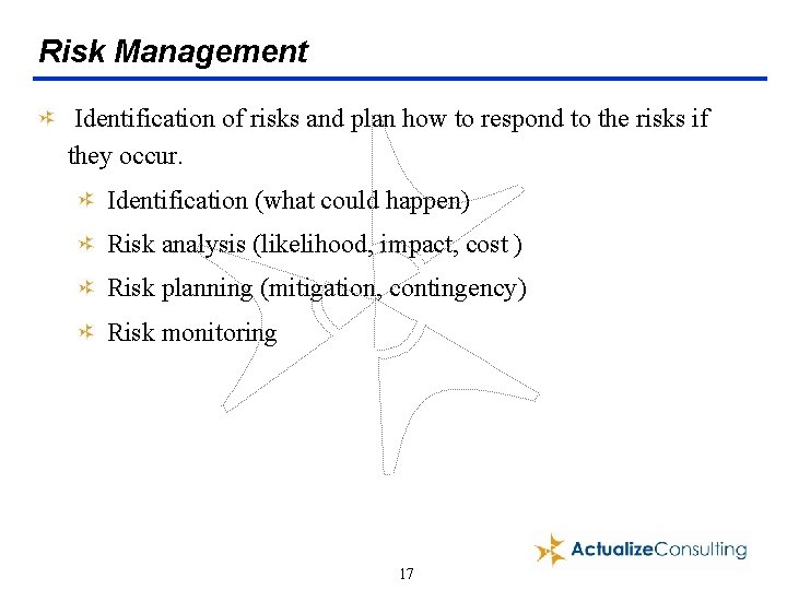 Risk Management Identification of risks and plan how to respond to the risks if