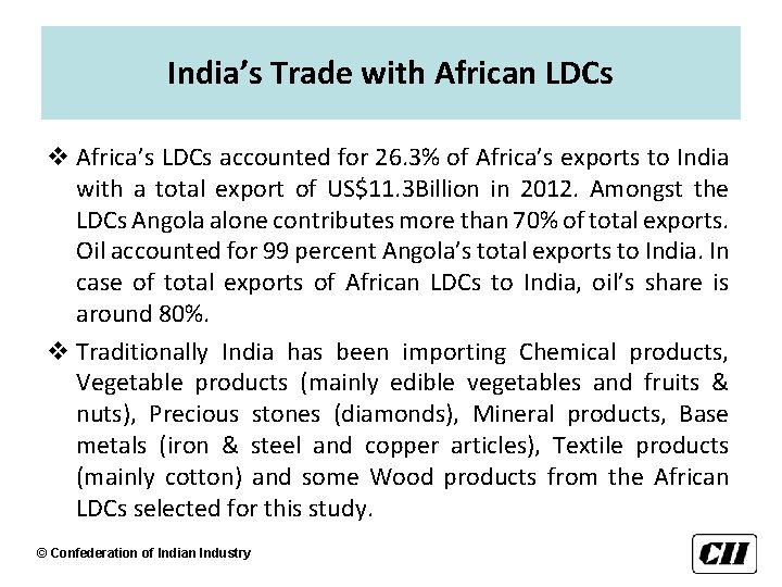 India’s Trade with African LDCs v Africa’s LDCs accounted for 26. 3% of Africa’s