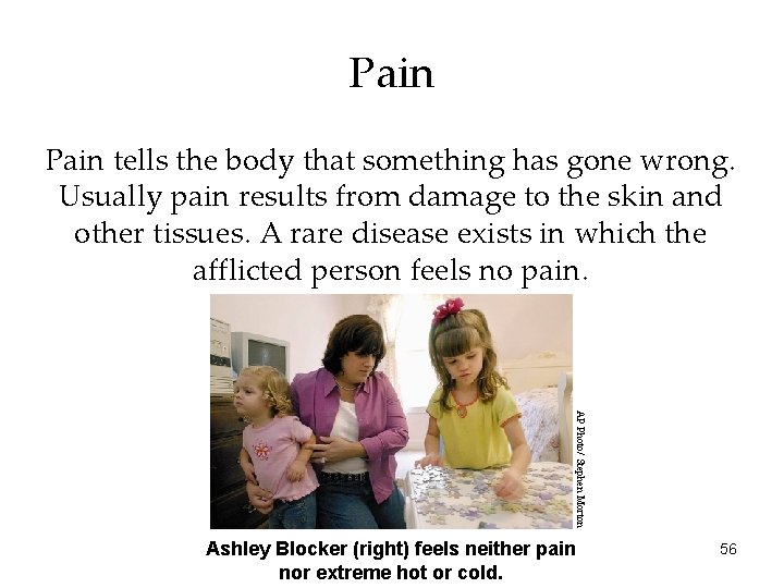Pain tells the body that something has gone wrong. Usually pain results from damage
