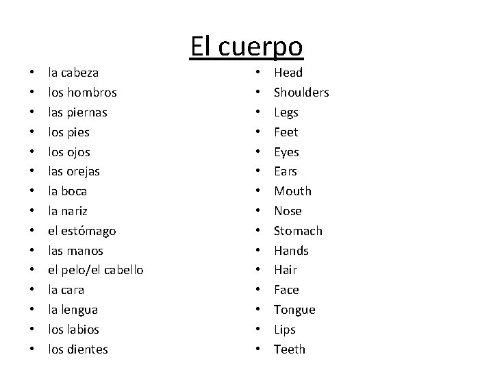 El cuerpo • • • • la cabeza los hombros las piernas los pies