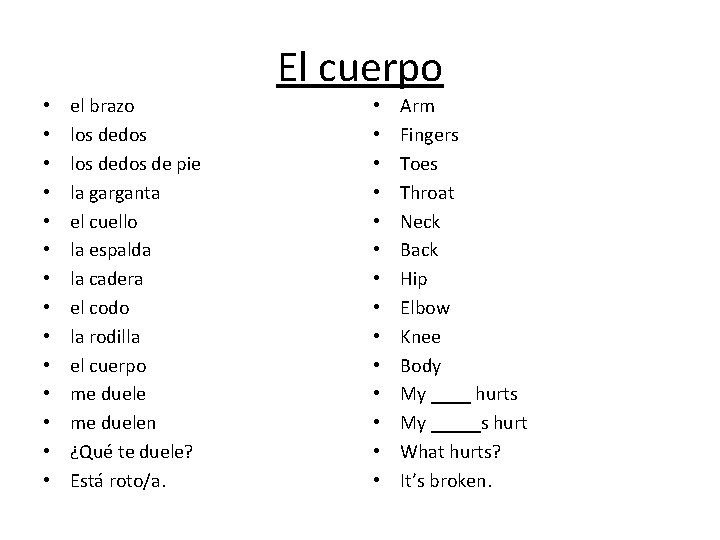 El cuerpo • • • • el brazo los dedos de pie la garganta