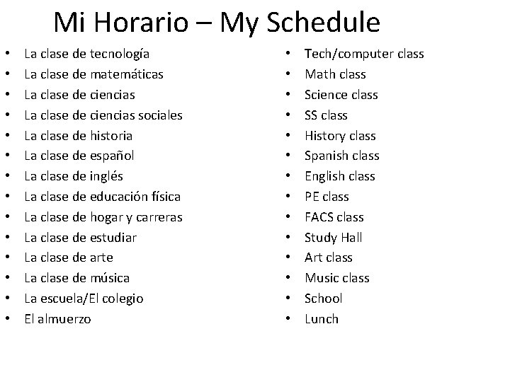 Mi Horario – My Schedule • • • • La clase de tecnología La
