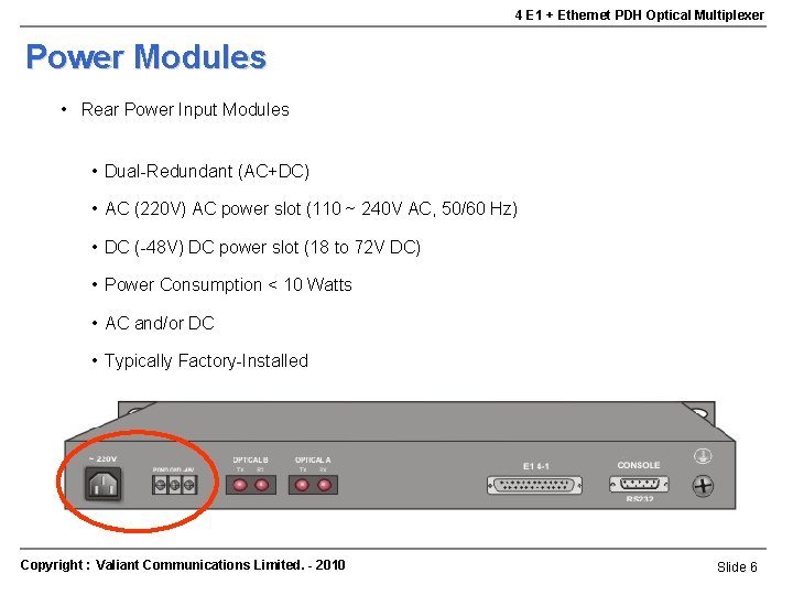 4 E 1 + Ethernet PDH Optical Multiplexer Power Modules • Rear Power Input