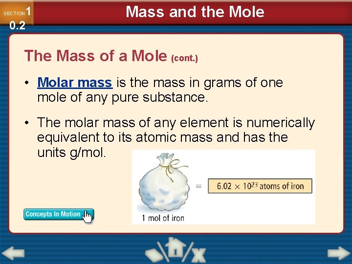 1 0. 2 SECTION Mass and the Mole The Mass of a Mole (cont.