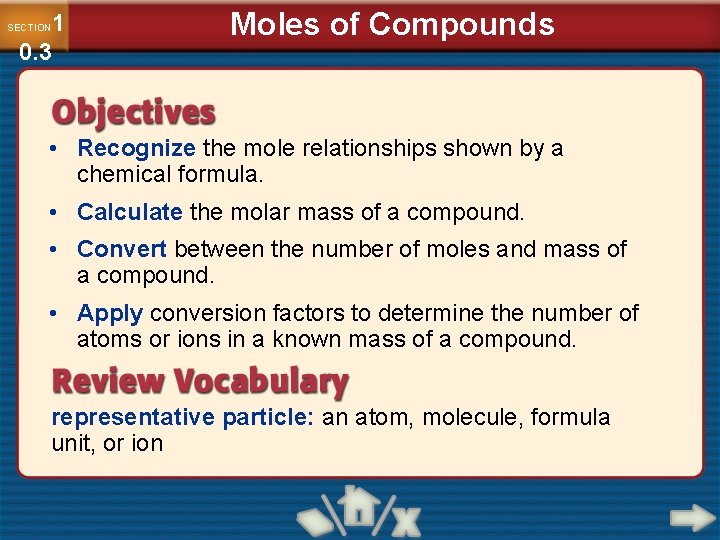 1 0. 3 SECTION Moles of Compounds • Recognize the mole relationships shown by
