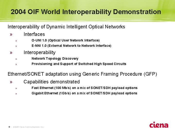 2004 OIF World Interoperability Demonstration Interoperability of Dynamic Intelligent Optical Networks Interfaces » »