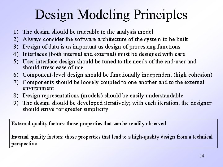 Design Modeling Principles 1) 2) 3) 4) 5) 6) 7) 8) 9) The design