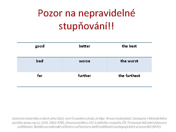 Pozor na nepravidelné stupňování!! good better the best bad worse the worst far further