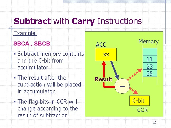 Subtract with Carry Instructions Example: SBCA , SBCB § Subtract memory contents and the