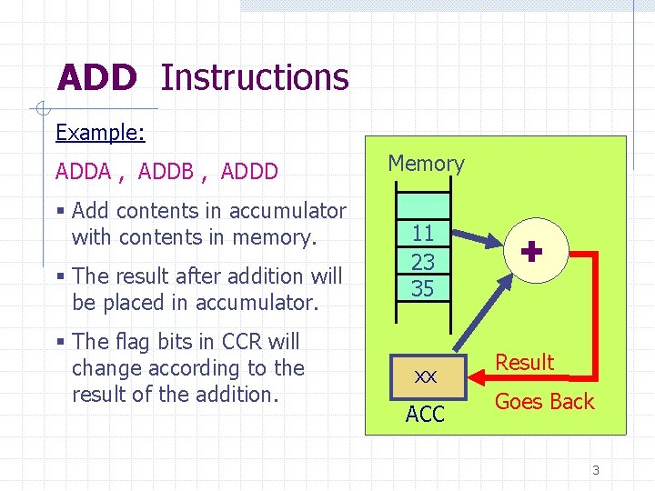 ADD Instructions Example: ADDA , ADDB , ADDD § Add contents in accumulator with