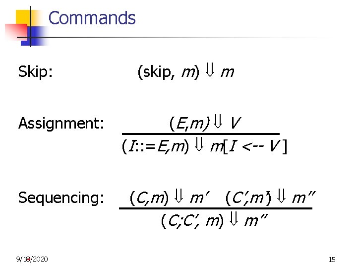 Commands Skip: Assignment: Sequencing: 9/18/2020 (skip, m) m (E, m) V (I: : =E,