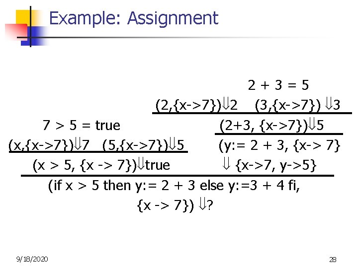 Example: Assignment 2+3=5 (2, {x->7}) 2 (3, {x->7}) 3 7 > 5 = true