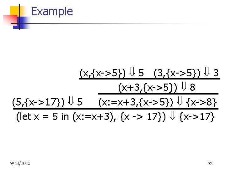 Example (x, {x->5}) 5 (3, {x->5}) 3 (x+3, {x->5}) 8 (5, {x->17}) 5 (x: