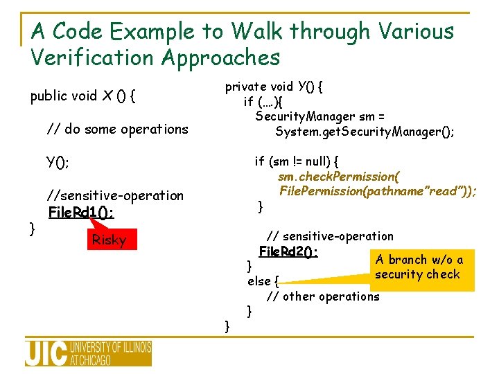 A Code Example to Walk through Various Verification Approaches public void X () { A Code Example to Walk through Various Verification Approaches public void X () {