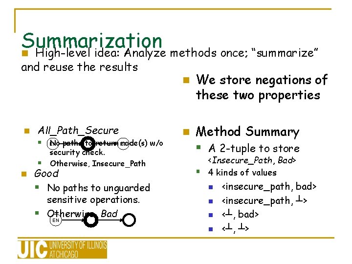 Summarization n High-level idea: Analyze methods once; “summarize” and reuse the results n All_Path_Secure Summarization n High-level idea: Analyze methods once; “summarize” and reuse the results n All_Path_Secure