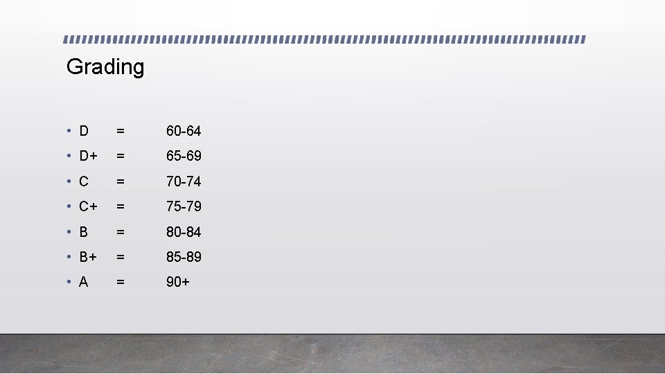 Grading • D = 60 -64 • D+ = 65 -69 • C =